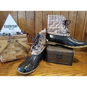 SPERRY Womens Brown Tan Plaid Waterproof Rubber Lace Up Ankle Duck Boots Size 10